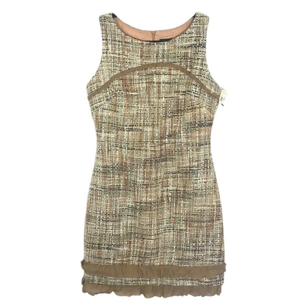 ABS By Allen Schwartz Dress Women‎ 8 Tan Tweed Sleeveless with Ruffle Trim